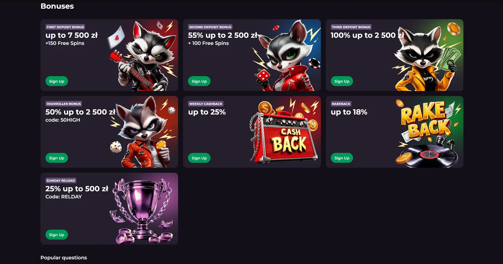 Bonusübersicht im Rockyspin Casino