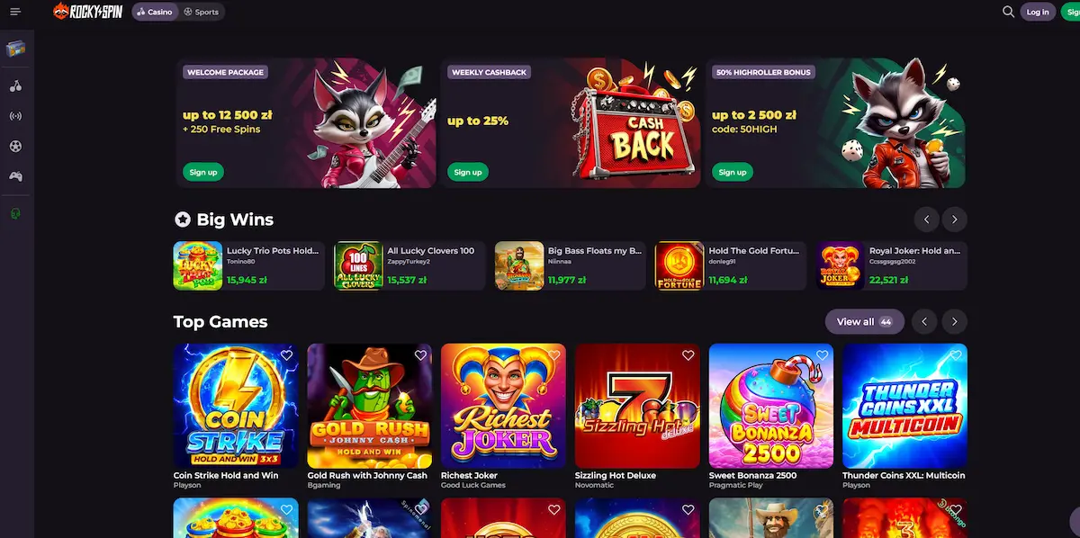 Spielelobby von Rockyspin Casino mit Slots und Live-Tischen