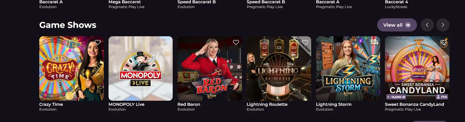 Game-Show-Bereich bei Rockyspin mit Bonusrunden und Multiplikatoren