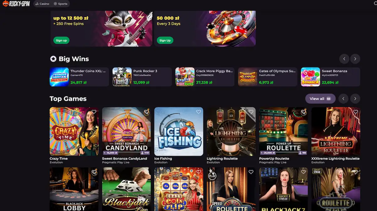 Live-Casino-Bereich bei Rockyspin mit HD-Streaming